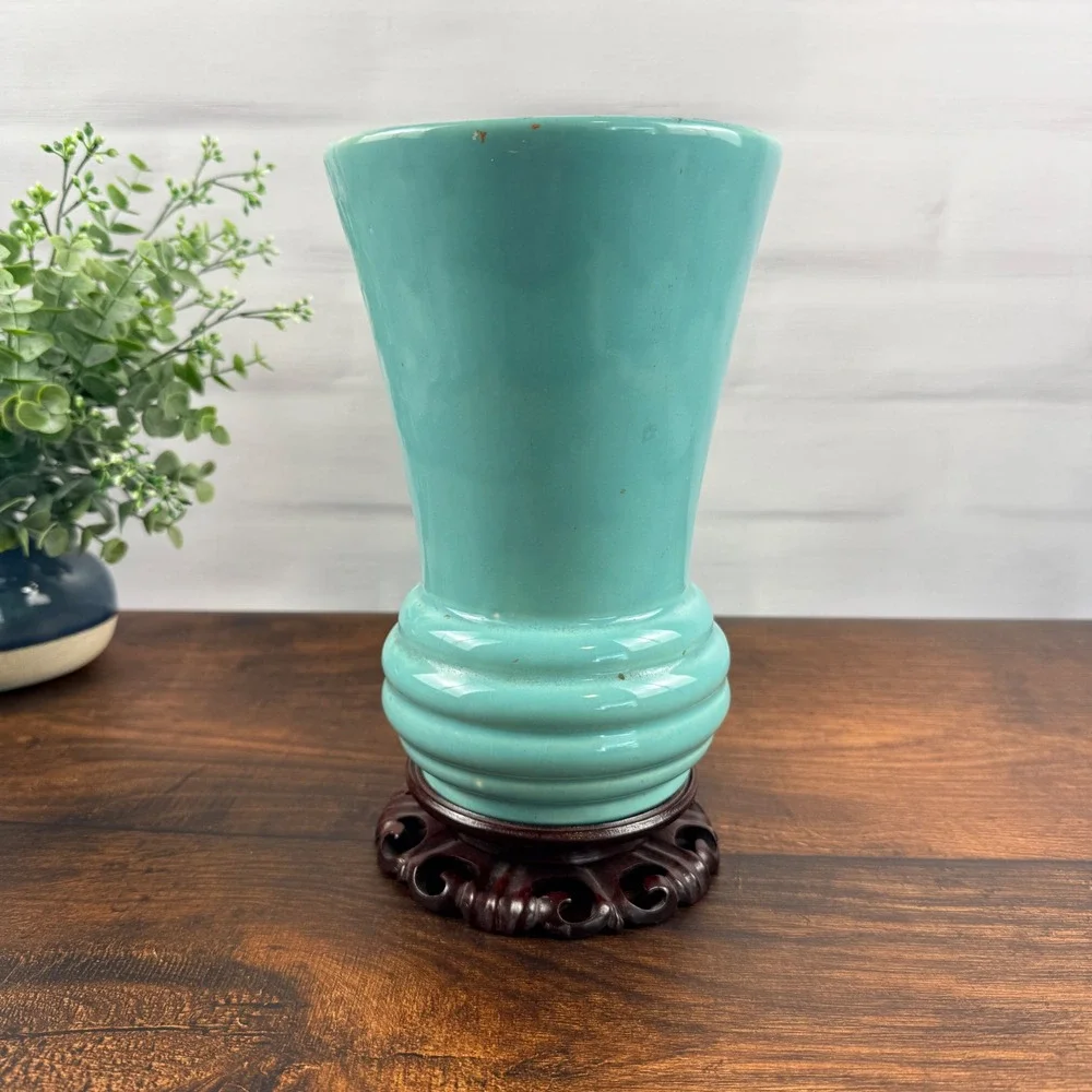 McCoy USA Pottery Aqua Turquoise Flared Vase Ringed Base Mid Century